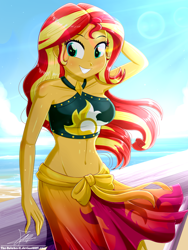 Size: 1430x1900 | Tagged: safe, artist:the-butch-x, sunset shimmer, better together, equestria girls, adorasexy, arm behind head, beach, beautiful, beautisexy, belly button, blushing, breasts, clothes, cloud, crepuscular rays, cute, cutie mark, cutie mark on clothes, exposed belly, female, happy, leaning back, multicolored hair, ocean, outdoors, pier, sand, sarong, sexy, shimmerbetes, shiny skin, sky, smiling, solo, standing, summer, summer sunset, sunlight, sunset jiggler, swimsuit, teal eyes