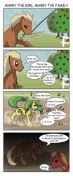 Size: 900x2160 | Tagged: safe, artist:liliy, apple fritter, big macintosh, meadow song, earth pony, pony, apple family reunion, apple family member, barn, comic, male, marriage, meadowfritter, raise this barn, stallion, workaholic