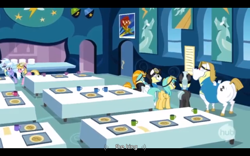 Size: 1024x640 | Tagged: safe, screencap, bulk biceps, cloudchaser, lightning dust, meadow flower, mercury, milky way, starry eyes (character), sunshower raindrops, thunderlane, wonderbolts academy, black bars, roid rage, wonderbolt trainee uniform, youtube caption