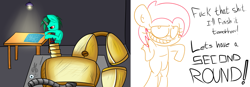 Size: 1899x660 | Tagged: safe, artist:extradan, babs seed, oc, oc:cooper cog, pony, robot, artificial horn, blueprint, flutterbot