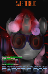 Size: 3300x5100 | Tagged: safe, artist:shiki01, sweetie belle, sweetie bot, pony, robot, unicorn, friendship is witchcraft, female, filly, foal, glowing horn, horn, looking at you, magic, parody, poster, solo, terminator, text