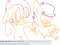 Size: 702x523 | Tagged: safe, artist:extradan, babs seed, scootaloo, scootabuse, scootachicken, sketch