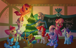 Size: 1646x1041 | Tagged: safe, artist:reuniclus, apple bloom, cheerilee, diamond tiara, liza doolots, petunia, scootaloo, silver spoon, snails, snips, sweetie belle, tootsie flute, twist, christmas tree, cutie mark crusaders, glasses, ponyville schoolhouse, tree