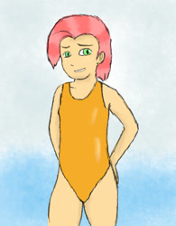 Size: 948x1213 | Tagged: safe, artist:zekromlover, babs seed, beach, clothes, humanized, one-piece swimsuit, swimsuit