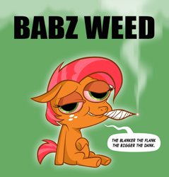 Size: 810x847 | Tagged: safe, artist:hotdiggedydemon, babs seed, drugs, high, joint, marijuana, pun, smoking