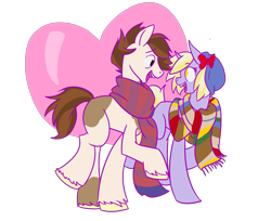 Size: 1900x1550 | Tagged: safe, artist:augustraes, dinky hooves, pipsqueak, earth pony, pony, unicorn, clothes, dinkysqueak, female, fourth doctor's scarf, hat, male, older, scarf, shipping, straight