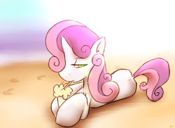 Size: 3500x2552 | Tagged: safe, artist:taps, sweetie belle, beach, female, milkshake, prone, solo