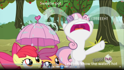 Size: 1360x768 | Tagged: safe, edit, edited screencap, screencap, apple bloom, scootaloo, sweetie belle, one bad apple, caption, crying, cutie mark crusaders, hub logo, nose in the air, ocular gushers, sweetie pot, text, umbrella, volumetric mouth