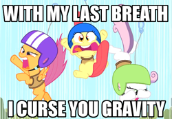 Size: 517x357 | Tagged: safe, edit, edited screencap, screencap, apple bloom, scootaloo, sweetie belle, the cutie mark chronicles, caption, covering eyes, cropped, cutie mark crusaders, faic, falling, helmet, image macro, speed lines, tongue out