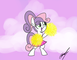 Size: 1432x1124 | Tagged: safe, artist:gearholder, sweetie belle, pony, bipedal, cheerleader, missing horn, pom pom, ponytail