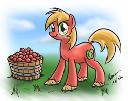 Size: 930x737 | Tagged: safe, artist:premann, big macintosh, macareina, apple, basket, female, food, freckles, grass, mare, orange mane, orange tail, red coat, rule 63, signature, simple background, smiling, solo, unshorn fetlocks, white background