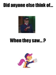 Size: 742x1002 | Tagged: safe, scootaloo, comparison, george carlin, mr.conductor, scootaconductor, scootagram, shining time station, thomas the tank engine