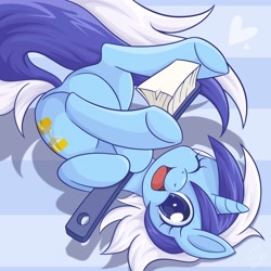 Size: 3000x3000 | Tagged: safe, artist:steffy-beff, minuette, pony, unicorn, beautiful, brushie, cute, featureless crotch, female, mare, minubetes, on back, one eye closed, open mouth, piledriver, solo, toothbrush, underhoof, wink