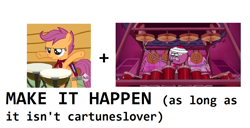 Size: 1273x652 | Tagged: safe, scootaloo, 150 piece kit, benson, cartuneslover16, drums, exploitable meme, make it happen, regular show