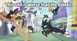 Size: 960x520 | Tagged: safe, edit, edited screencap, screencap, doctor whooves, changeling, a canterlot wedding, caption, doctor who, hub logo, image macro, vulgar