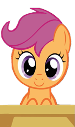 Size: 363x608 | Tagged: safe, artist:kuren247, scootaloo, c:, cute, cutealoo, desk, looking at you, simple background, smiling, solo, transparent background, vector