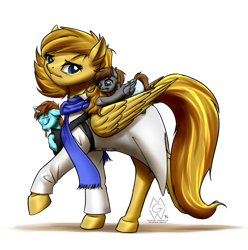 Size: 891x897 | Tagged: safe, artist:mykegreywolf, oc, oc only, oc:bailey, oc:professoranna, oc:zeus, clothes, cute, diaper, family, foal, foal carrier, lab coat, mother, pacifier, parent, scarf, sleeping, walking