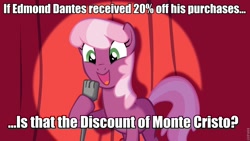 Size: 960x540 | Tagged: safe, cheerilee, earth pony, pony, cheerilee pun, curtain, edmond dantes, exploitable meme, female, green eyes, mare, meme, microphone, open mouth, pun, smiling, solo, spotlight, text, the count of monte cristo, two toned mane, two toned tail