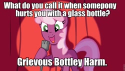 Size: 960x540 | Tagged: safe, cheerilee, earth pony, pony, bottle, cheerilee pun, curtain, exploitable meme, female, green eyes, mare, meme, microphone, open mouth, pun, smiling, solo, spotlight, text, two toned mane, two toned tail