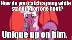 Size: 960x540 | Tagged: safe, cheerilee, earth pony, pony, cheerilee pun, curtain, exploitable meme, female, green eyes, mare, meme, microphone, open mouth, pun, smiling, solo, spotlight, text, two toned mane, two toned tail