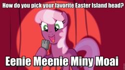 Size: 960x540 | Tagged: safe, cheerilee, earth pony, pony, cheerilee pun, curtain, easter island, exploitable meme, female, green eyes, mare, meme, microphone, open mouth, pun, smiling, solo, spotlight, text, two toned mane, two toned tail