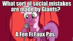 Size: 960x540 | Tagged: safe, cheerilee, earth pony, pony, cheerilee pun, curtain, exploitable meme, female, green eyes, mare, meme, microphone, open mouth, pun, smiling, solo, spotlight, text, two toned mane, two toned tail