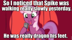 Size: 960x540 | Tagged: safe, cheerilee, spike, earth pony, pony, cheerilee pun, curtain, exploitable meme, female, green eyes, mare, meme, microphone, open mouth, pun, smiling, solo, spotlight, text, two toned mane, two toned tail