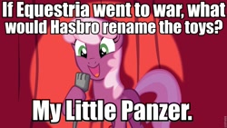 Size: 960x540 | Tagged: safe, cheerilee, earth pony, pony, cheerilee pun, curtain, exploitable meme, female, green eyes, hasbro, mare, meme, microphone, open mouth, pun, smiling, solo, spotlight, tank (vehicle), text, two toned mane, two toned tail