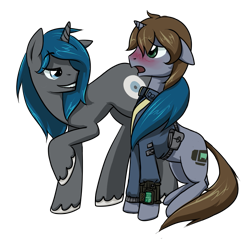 Size: 1047x1000 | Tagged: safe, artist:inlucidreverie, oc, oc only, oc:homage, oc:littlepip, pony, unicorn, fallout equestria, blushing, clothes, colored hooves, cutie mark, fanfic, fanfic art, flirting, floppy ears, gay, hooves, horn, male, oc x oc, open mouth, pipbuck, pipmage, rule 63, shipping, simple background, smiling, tail seduce, teeth, transparent background, vault suit