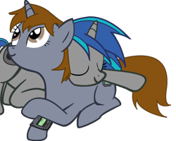 Size: 1000x799 | Tagged: safe, artist:slowlearner46, oc, oc only, oc:homage, oc:littlepip, pony, unicorn, fallout equestria, clothes, cutie mark, eyes closed, fallout, fanfic, fanfic art, female, hooves, horn, lesbian, lying down, mare, oc x oc, pipbuck, pipmage, prone, shipping, simple background, smiling, transparent background