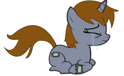 Size: 1216x750 | Tagged: safe, artist:slowlearner46, oc, oc only, oc:littlepip, pony, unicorn, fallout equestria, crying, cutie mark, eyes closed, fallout, fanfic, fanfic art, female, hooves, horn, mare, pipbuck, pipleg, simple background, solo, transparent background