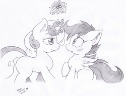 Size: 1213x925 | Tagged: dead source, safe, artist:joey darkmeat, scootaloo, sweetie belle, bedroom eyes, blushing, female, holly, holly mistaken for mistletoe, imminent kissing, lesbian, magic, monochrome, scootabelle, shipping