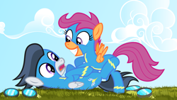 Size: 8000x4501 | Tagged: safe, artist:daringdashie, rumble, scootaloo, absurd resolution, female, goggles, male, rumbloo, shipping, straight, tickling, wonderbolts uniform