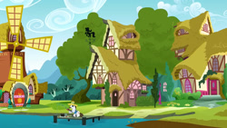 Size: 1280x720 | Tagged: safe, screencap, hondo flanks, pony, unicorn, one bad apple, fishing, fishing rod, hat, house, male, pier, ponyville, solo, stallion, sweetie belle's house, tree, windmill