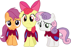 Size: 3348x2255 | Tagged: safe, artist:poofzeedoop, apple bloom, scootaloo, sweetie belle, cape, clothes, cutie mark crusaders, simple background, transparent background, vector