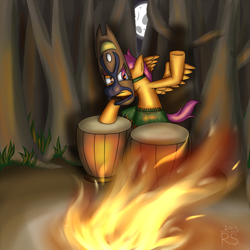 Size: 1000x1000 | Tagged: safe, artist:reakkorshrike, scootaloo, bonfire, clothes, drums, grass skirt, mask, skirt