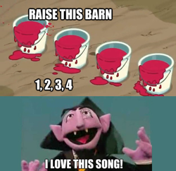 Size: 500x484 | Tagged: safe, apple family reunion, count von count, implied blood, raise this barn, sesame street, song