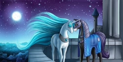 Size: 1600x815 | Tagged: safe, artist:yiuokami, oc, oc only, oc:angel song, oc:knight light, earth pony, pony, unicorn, fanfic:a knight's tale, balcony, crying, eyes closed, fanfic art, female, looking at someone, male, mare, night, oc x oc, shipping, smiling, stallion, straight, tears of joy