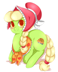 Size: 900x1106 | Tagged: safe, artist:xeella, granny smith, earth pony, pony, adorasmith, blushing, braid, braided tail, cute, female, looking at you, mare, ponyloaf, prone, simple background, solo, transparent background, young granny smith, younger