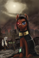 Size: 900x1350 | Tagged: safe, artist:rublegun, oc, oc only, oc:red eye, oc:stern, cyborg, earth pony, griffon, pony, fallout equestria, anti-machine rifle, anti-materiel rifle, fanfic, fanfic art, fillydelphia, gun, male, pipbuck, rifle, ruins, stallion, sun, wasteland, weapon