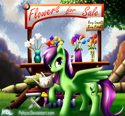 Size: 1600x1481 | Tagged: safe, artist:pshyzomancer, oc, oc only, oc:ambrosia, concession stand, flower, for sale, horseshoes, looking at you, stall, watering, watering can