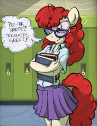 Size: 850x1100 | Tagged: safe, artist:trollie trollenberg, twist, anthro, book, clothes, colored sketch, cute, dialogue, glasses, lisp, older, pleated skirt, skirt, teenager