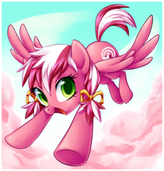 Size: 1000x1042 | Tagged: safe, artist:centchi, oc, oc only, oc:candy star, pegasus, pony, bow, cloud, cotton candy, cotton candy cloud, cute, female, flying, food, hair bow, mare, open mouth, sky, smiling, solo