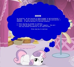 Size: 640x573 | Tagged: safe, sweetie belle, sweetie bot, pony, robot, unicorn, blue screen of death, derp, female, filly, floppy ears, foal, hooves, horn, lying down, microsoft, solo, text, windows