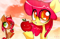 Size: 900x579 | Tagged: dead source, safe, artist:yuji8sushi, apple bloom, babs seed, earth pony, pony, apple, food, hoof hold