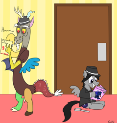 Size: 874x915 | Tagged: safe, artist:rapidstrike, oc, oc only, oc:midnight tales, pegasus, pony, commission, fedora, hat, hidden message, investigation, mafia, playpony, raised eyebrow, thinking, ugly hat