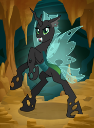 Size: 792x1080 | Tagged: safe, artist:pinkuh, oc, oc only, changeling, cave, detailed background, fangs, female, green eyes, horn, open mouth, rearing, signature, solo, wings