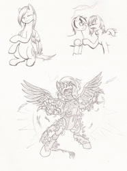 Size: 1024x1380 | Tagged: safe, artist:mistermech, oc, oc only, oc:blackjack, oc:dawn enclave, cyborg, pegasus, pony, unicorn, fallout equestria, fallout equestria: project horizons, female, mare, monochrome, traditional art