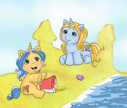 Size: 525x450 | Tagged: safe, artist:kaikaku, g1, beach, sandcastle, shovels, sisters