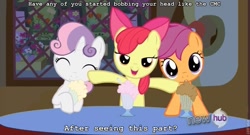 Size: 843x455 | Tagged: safe, apple bloom, scootaloo, sweetie belle, one bad apple, cutie mark crusaders, text